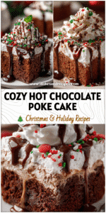 Hot Chocolate Poke Cake topped with whipped cream, cocoa drizzle, and festive sprinkles for Christmas Poke Cakes.